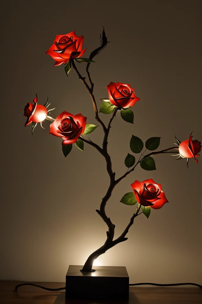 A sculpture in the shape of a rose branch with lighting