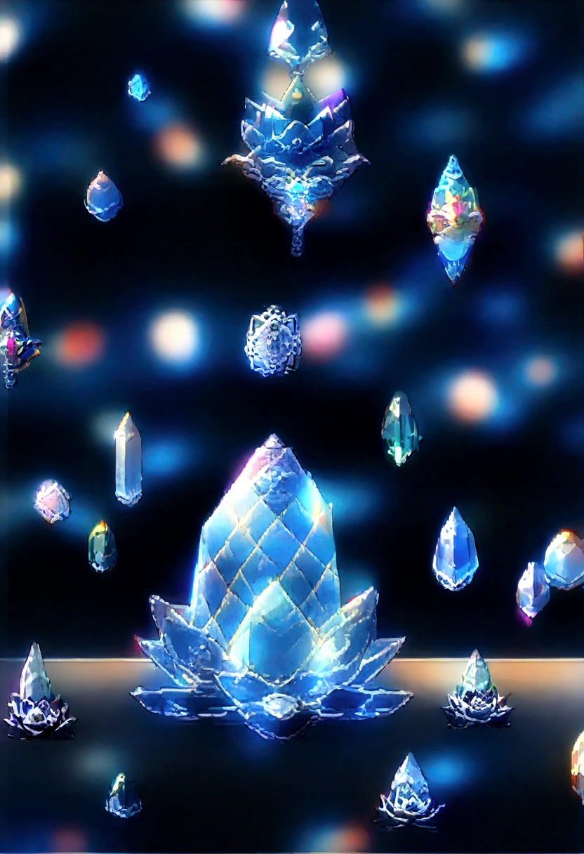 Surrealism、16K， high resolution、(Maximum sharp focus:1.3)、(Maximum close-up:1.5)、(Single crystal with base on table:1.5)、(Large bokeh background、blue back light:1.3) 、(lotus），Cold，（water blue:1.5)