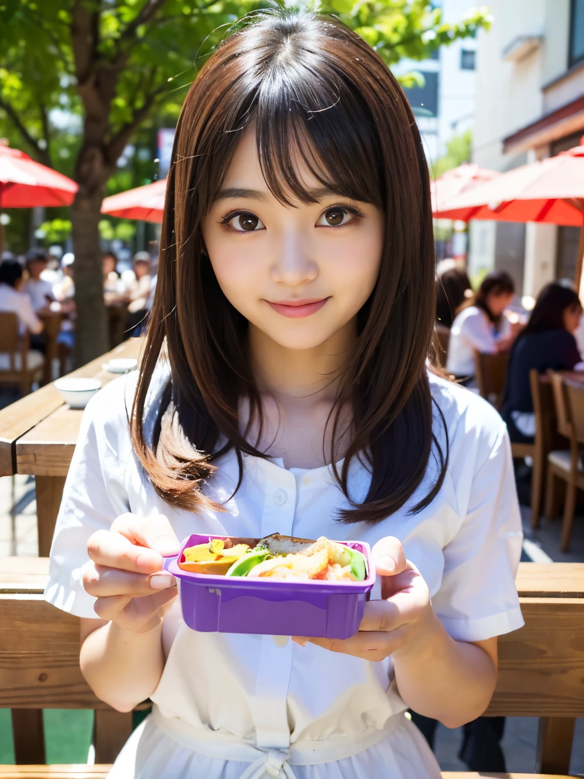 (Best-quality, Masterpiece, Ultra-High-Resolution, (Photorealistic:1.4), Raw Photo, depth of field, professional lighting, perfect anatomy, extremely details), 1girl, -yeld, thost famous Japanese idol, ((at outdoor terrace of Cafe, eating lunch)), looking at viewer, innocent smile, wearing summer-clothes with cute-design, ((extremely cute face like the most popular Japanese idol, ((extremely cute and extremely big eyes)), extremely realistic hair, extremely beautiful and extremely realistic skins)), extremely cute long-eyelashes, extremely cute lips, detailed lunch-box