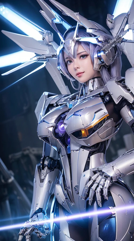 ((Intense action pose:1.6))、((Shining lenses on both :1.3))、((Blue pillars of light are emanating from both chests.:1.3))、smile、((8K)), ((32k)), ((Highest quality)), ((masterpiece)), ((超A high resolution)), ((Tmasterpiece)), ((Halation:1.4))、((Mechaニカルheadgear:1.2))、((Cyber headphones:1.3))、Fine skin, High quality fabric, Fine metal texture、((Beautiful and dense face))、RAW Photos、Professional, Ultra-fine painting, ((alone)), Beautiful breasts、Highest quality, Very detailed, Very detailed詳細, Finer details, so beautiful, ((Princess Knight Robot:1.2)),  (Joints of machines, Mechanical Limbs:1.3), (The internal structure of the machine is exposed:1.3), (Long silver hair:1.1), (Beautiful and huge mechanical breasts)、White Veil, cowboy_shot, Side Focus, headgear, Shiny、(Five Fingers, Four fingers and thumb),Concept Art, Anime fantasy artwork, Detailed fantasy art, (with pale blue-violet hair and large white wings,,,,,,,), (((Long silver hair))), (Mecha:1.6)、Sleek and intimidating design, ((Commander-in-Chief'arm)), (Perfect robot body)、純白と青紫armまたは, Symmetrical wings, 8K high quality, detailed art, 3D rendering of character art in 8K, neat legs, Defined, Defined fingers,