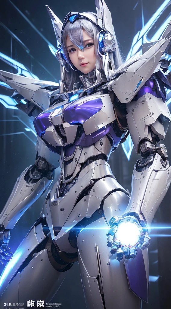 ((Intense action pose:1.6))、((Shining lenses on both breasts:1.3))、((Blue pillars of light are emanating from both chests.:1.3))、smile、((8K)), ((32k)), ((Highest quality)), ((masterpiece)), ((超A high resolution)), ((Tmasterpiece)), ((Halation:1.4))、((Mechaニカルheadgear:1.2))、((Cyber headphones:1.3))、Fine skin, High quality fabric, Fine metal texture、((Beautiful and dense face))、RAW Photos、Professional, Ultra-fine painting, ((alone)), Beautiful breasts、Highest quality, Very detailed, Very detailed詳細, Finer details, so beautiful, ((Princess Knight Robot:1.2)),  (Joints of machines, Mechanical Limbs:1.3), (The internal structure of the machine is exposed:1.3), (Long silver hair:1.1), (Beautiful and huge mechanical breasts)、White Veil, cowboy_shot, Side Focus, headgear, Shiny、(Five Fingers, Four fingers and thumb),Concept Art, Anime fantasy artwork, Detailed fantasy art, (with pale blue-violet hair and large white wings,,,,,,,), (((Long silver hair))), (Mecha:1.6)、Sleek and intimidating design, ((Commander-in-Chief&#39;arm)), (Perfect robot body)、純白と青紫armまたは, Symmetrical wings, 8K high quality, detailed art, 3D rendering of character art in 8K, neat legs, Defined, Defined fingers,