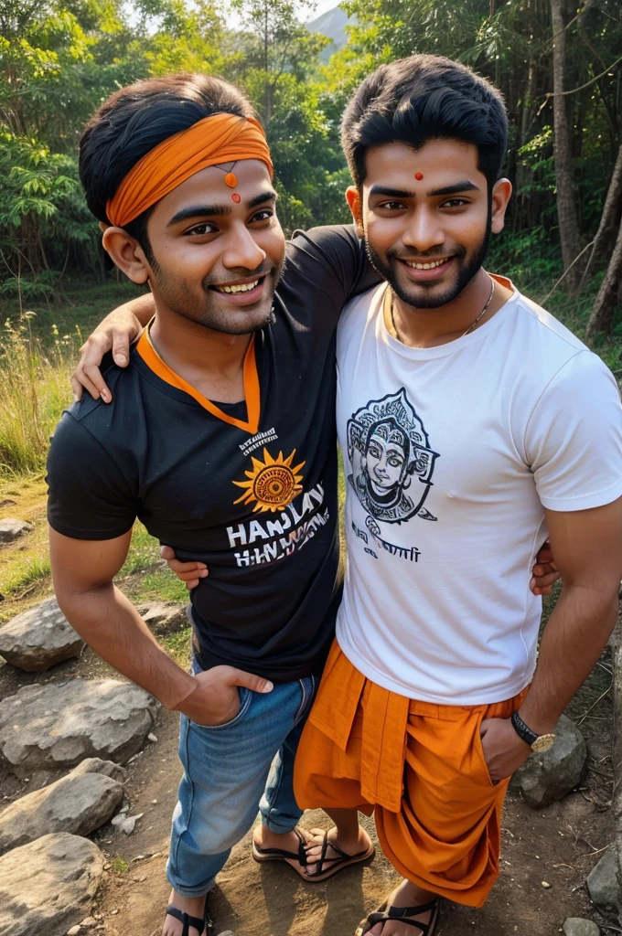 18 years old boy walking and hanuman coming after him and hanuman's hand putting on Boy head on mountains. Both are smiling. boy is wearing saffron t-shirt and name "DHARMVEER" write on it with bold. he looks very realistic, cute, tilak Deccan on your head, and happy. very realistic pictures, high quality picture, realistic mountain, forest moment.sun lights reflection , the words"Happy Hanuman Janmotsav" write top Sky. make sure text must be correct & Visible.