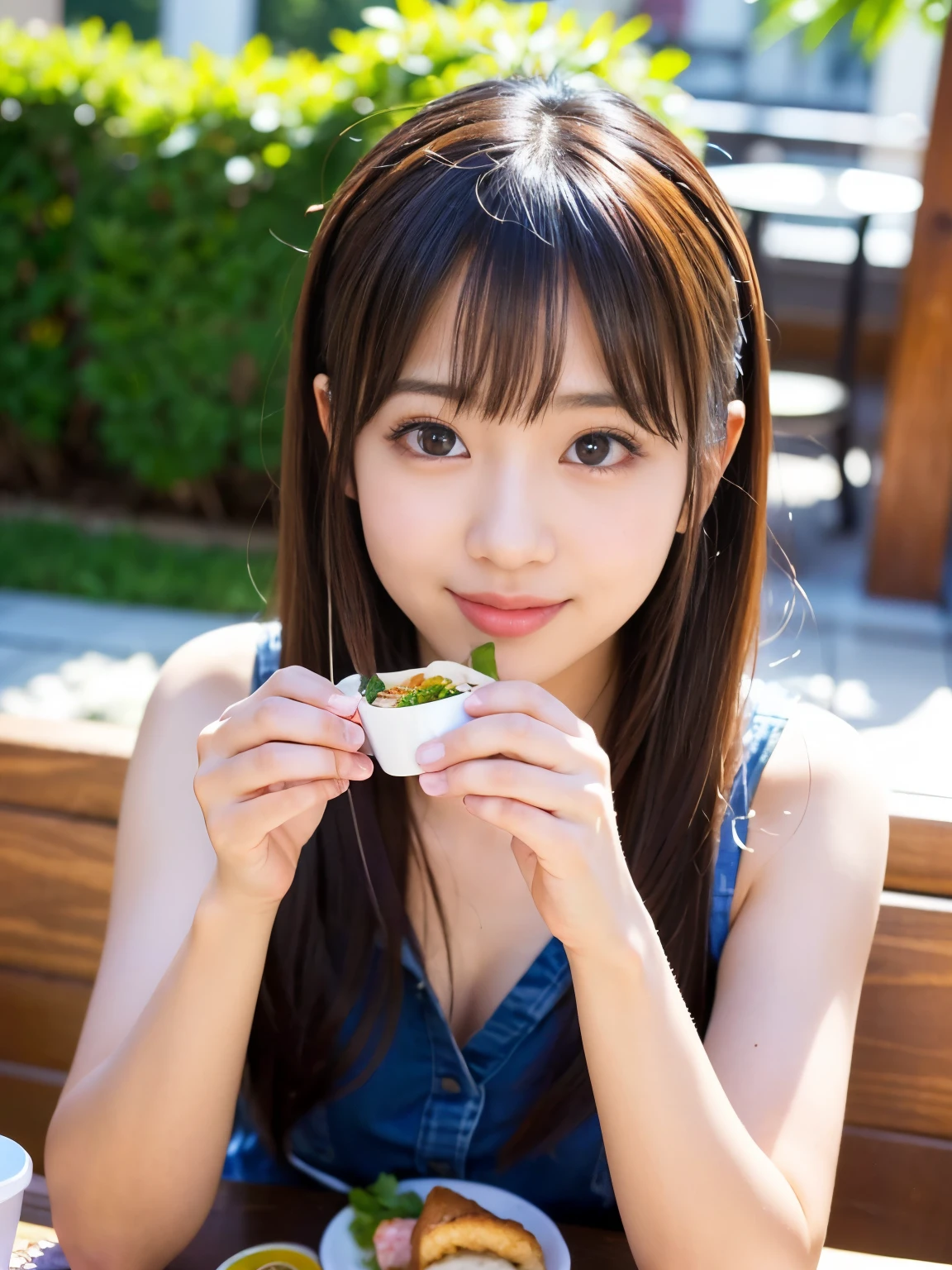 (Best-quality, Masterpiece, Ultra-High-Resolution, (Photorealistic:1.4), Raw Photo, depth of field, professional lighting, perfect anatomy, extremely details), 1girl, 15-years-old, the most famous Japanese idol, ((at outdoor terrace of Cafe, eating lunch)), looking at viewer, innocent smile, wearing summer-clothes with cute-design, ((extremely cute face like the most popular Japanese idol, ((extremely cute and extremely big eyes)), extremely realistic hair, extremely beautiful and extremely realistic skins)), extremely cute long-eyelashes, extremely cute lips, detailed lunch-box