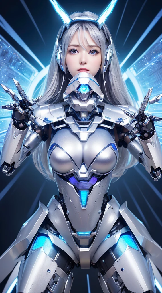 ((Intense action pose:1.6))、((Shining lenses on both breasts:1.3))、((Blue pillars of light are emanating from both chests.:1.3))、smile、((8K)), ((32k)), ((Highest quality)), ((masterpiece)), ((超A high resolution)), ((Tmasterpiece)), ((Halation:1.4))、((Mechaニカルheadgear:1.2))、((Cyber headphones:1.3))、Fine skin, High quality fabric, Fine metal texture、((Beautiful and dense face))、RAW Photos、Professional, Ultra-fine painting, ((alone)), Beautiful breasts、Highest quality, Very detailed, Very detailed詳細, Finer details, so beautiful, ((Princess Knight Robot:1.2)), (Joints of machines, Mechanical Limbs:1.3), (The internal structure of the machine is exposed:1.3), (Long silver hair:1.1), (Beautiful and huge mechanical breasts)、White Veil, cowboy_shot, Side Focus, headgear, Shiny、(Five Fingers, Four fingers and thumb),Concept Art, Anime fantasy artwork, Detailed fantasy art, (with pale blue-violet hair and large white wings,,,,,,,), (((Long silver hair))), (Mecha:1.6)、Sleek and intimidating design, ((Commander-in-Chief'arm)), (Perfect robot body)、純白と青紫armまたは, Symmetrical wings, 8K high quality, detailed art, 3D rendering of character art in 8K, neat legs, Defined, Defined fingers,