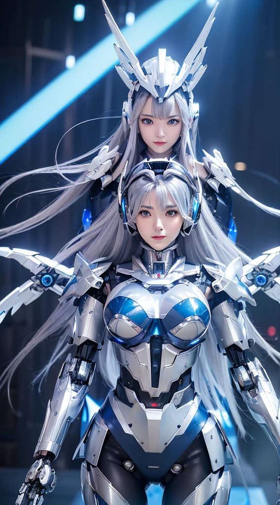 Super Detail, High Detail, high quality, best quality, High resolution,1 female robot,Beautiful female robot,beautiful clear face(Rain waves_haneame:1.5), Mechanical body(Chinese style,Smooth metal surface,silver armor,Mechanical seams of skin,beautiful body curves),Mechanical body structure,High-tech all over the body(Deva Battle Suit : 1.5),Streamlined mechanical armor (Relatively thick,Highlight breast curves),Technology Antenna Hair Accessories