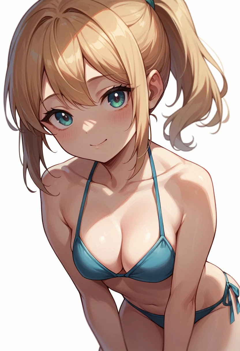 cute girl in ponytail wearing cute ?????? looking at you smugly, white background