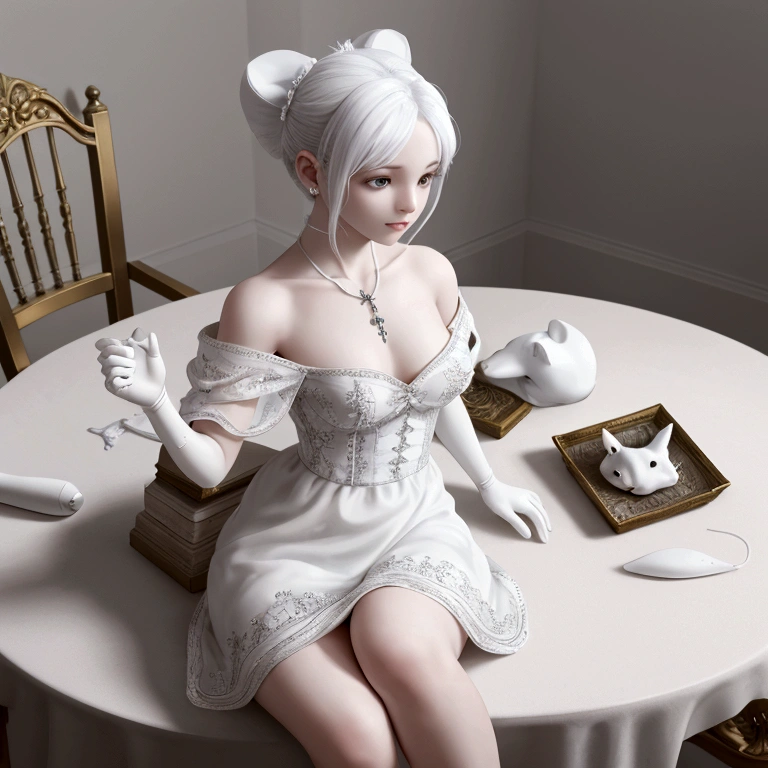 from front, portrait, from above, High resolution, high definition, ultra detailed, 4k, 8k, super masterpiece, BJD and a small white mouse are staring at each other, BJD is modeled after a beautiful 18-year-old woman, life size, Joints in the body are mechanical, BJD are battery powered, BJD are beautiful like sculptures, Hard white porcelain skin that shines white, BJD is sitting on a chair and looking at a white mouse, no makeup, white chignon hair, large glass eyes, Sleeveless white off-shoulder dress with elegant drape and beautiful embroidery, bisque doll, The white mouse is so small that she can wrap it in her hands, The small white mouse stands on two legs on the table, Beautiful fur of a realistic small white mouse, dreamy, aesthetic, gothic style, fantasy,