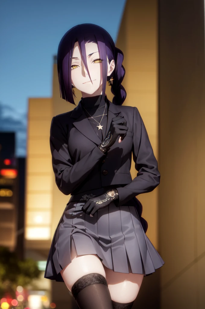 maganechikujouin, magane chikujouin, long hair, purple hair, braid, single braid, (hair over one eye:1.5), (yellow eyes:1.3), smile, grin,
BREAK skirt, thighhighs, gloves, jewelry, , earrings, serafuku, black gloves, black thighhighs, necklace, zettai ryouiki,
BREAK outdoor, city, night, sky, buildings, moon, clouds,
BREAK looking at viewer, (cowboy shot:1.5),
BREAK (masterpiece:1.2), best quality, high resolution, unity 8k wallpaper, (illustration:0.8), (beautiful detailed eyes:1.6), extremely detailed face, perfect lighting, extremely detailed CG, (perfect hands, perfect anatomy),