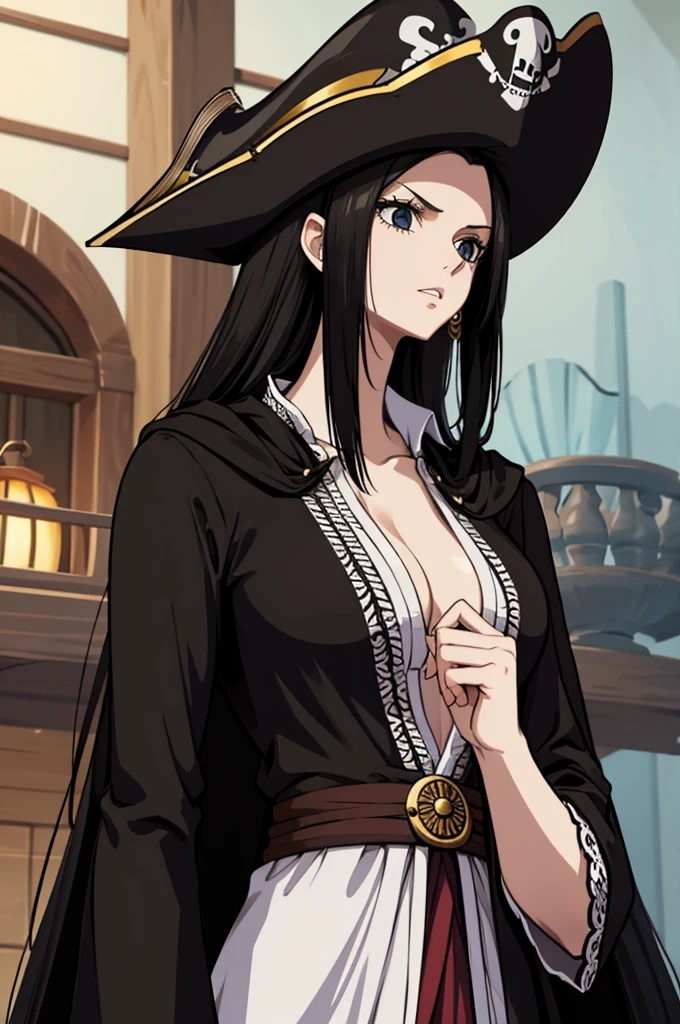 Tall long haired woman with black cape and pirate hat 