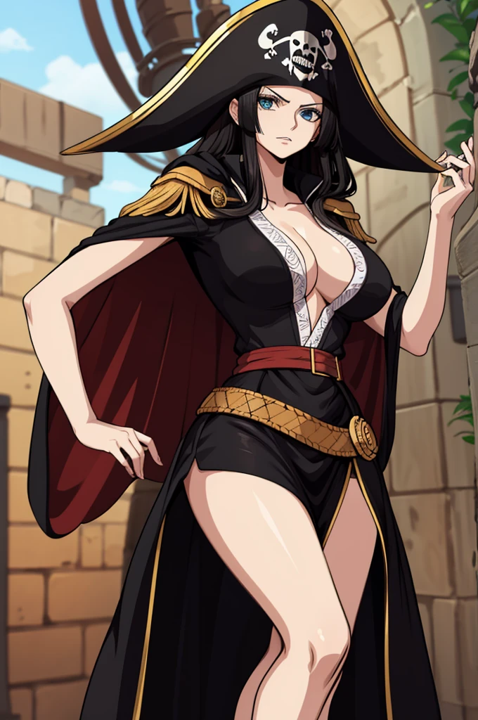 Tall long haired woman with black cape and pirate hat