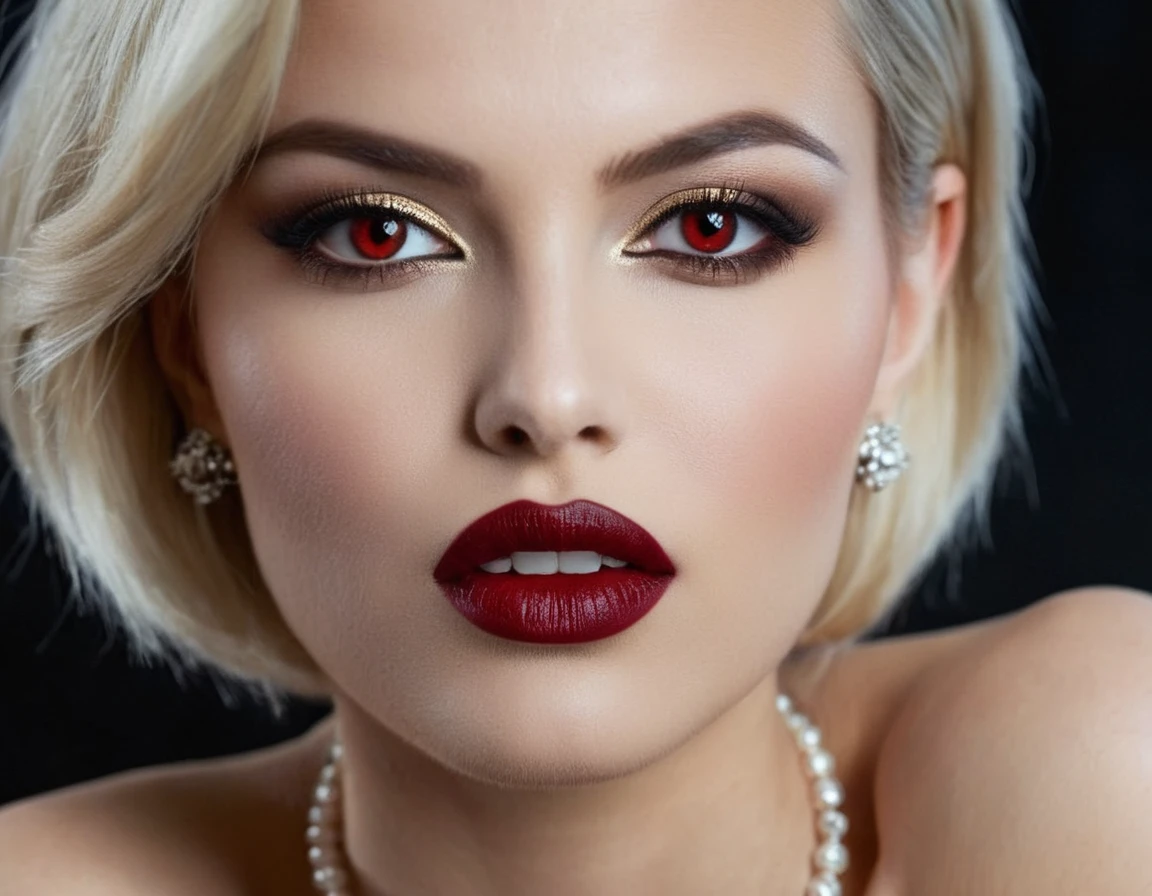 nsfw, Gothic horror, 1 vampire lady, solo, mature adult woman, evil MILF, lady from hell, vampire beauty, femme fatale, evil apostle of darkness, peerless beauty, (((((👄, 👅, Sensually Baring Her Fangs, Vampire Bite),(slyly looks), (Cruel grinning slit eyes), (evil roguish smile))))), a Vampire Kiss, masterpiece, perfect anatomy, ideal facial features, ideally proportioned figure, perfectly beautiful body, makeup, sensual Blonde, Very short, pixie cut, Beautifully detailed eyes, double eyelid, (eyeliner:1.2), mascara, eyeshadow, golden eyes, Beautifully detailed nose and nostrils, Beautifully detailed lips, (lipstick:1.1),(Dark red lips, glossy lips), (Vampire Fangs), tongue, saliva, Focus only on the mouth, Woman mouth close up, from front, glaring at you