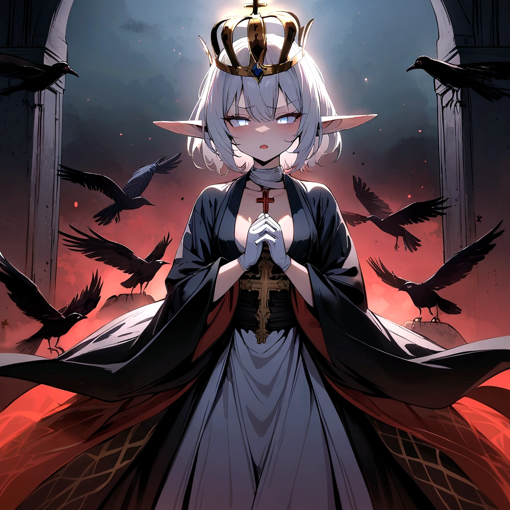 Masterpiece, 4k, high quality, 1 girl,white short hair like fire, white horns, angry raging expression,blue patterned monk robe, white gloves, summoning circles out of her hands, elf ears, pale white eyes , in the night, in front of the gates of hell , Catholic cross on neck , hole in chest dripping blood, tore garment, crown of blood on top of her head, bowing making a prayer, with a heavenly light on top , steam evaporating from her body, multiple crows flying around