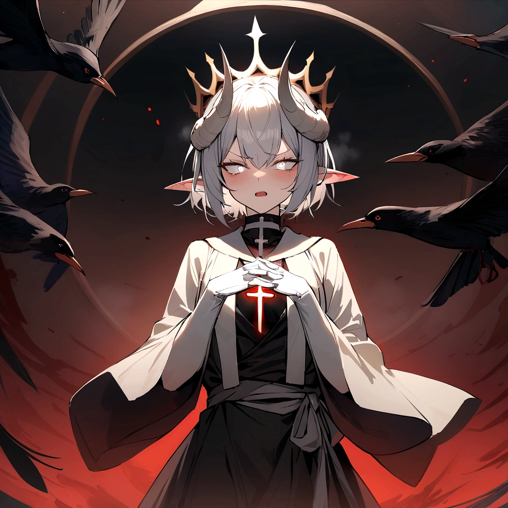 Masterpiece, 4k, high quality, 1 girl,white short hair like fire, white horns, angry raging expression,blue patterned monk robe, white gloves, summoning circles out of her hands, elf ears, pale white eyes , in the night, in front of the gates of hell , Catholic cross on neck , hole in chest dripping blood, tore garment, crown of blood on top of her head, bowing making a prayer, with a heavenly light on top , steam evaporating from her body, multiple crows flying around