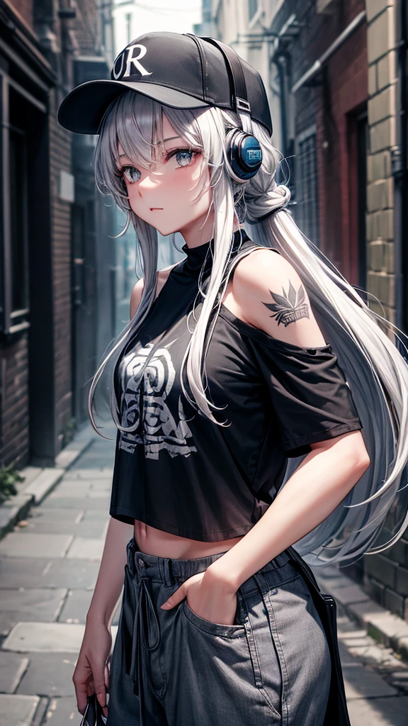 “Create a high-resolution image of a character with long silver hair wearing a cap. The character’s hair is tied and falling down from the back of the cap. They are dressed in an off-shoulder black shirt with the word ‘ROCK’ in white letters on the chest. The character has tattoos on their arm and is wearing loose-fitting gray cargo pants. They are also wearing headphones. The background is a dimly lit alleyway.”