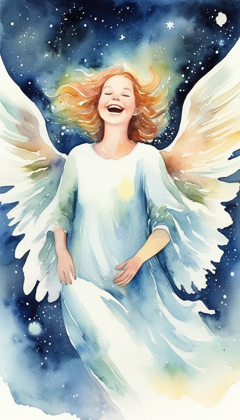 Watercolor,（Upper Body）Angel  laughing, Magical fairy tale,, Deep space sky, style 