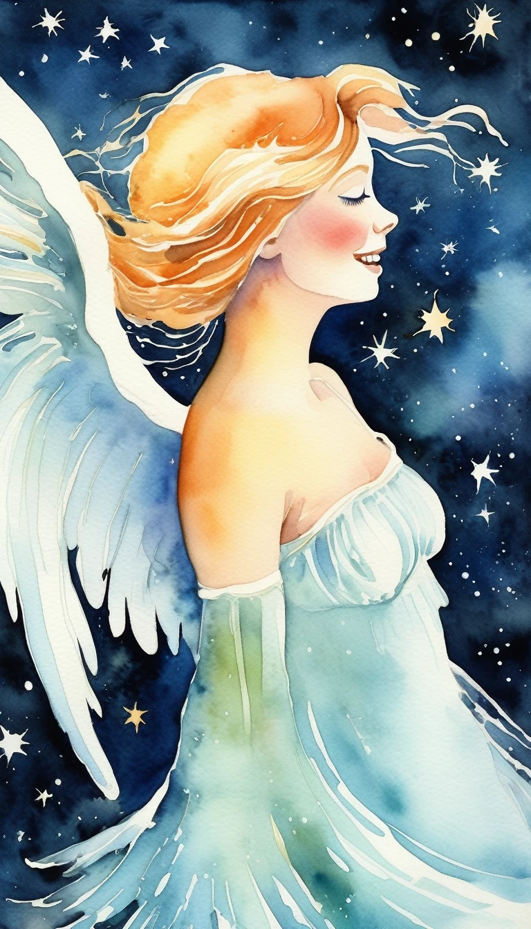 Watercolor,（Upper Body）Angel  laughing, Magical fairy tale,, Deep space sky, style 