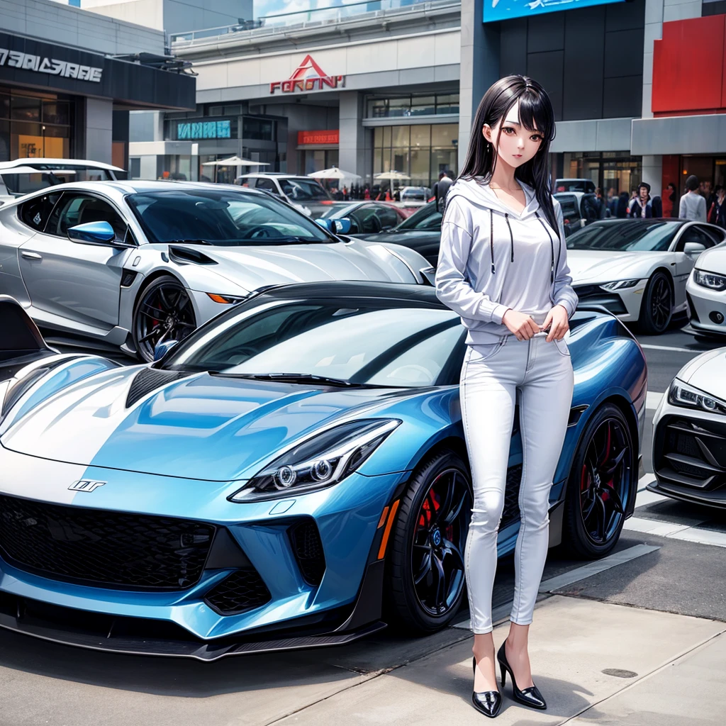 A beautiful young Korean woman,written white hoodie "F",jeans trousers shoes Cyber blue earphones,standing in front of a sports car and a woman posing elegantly,background of mall parking and lots of modified cars. HD image quality