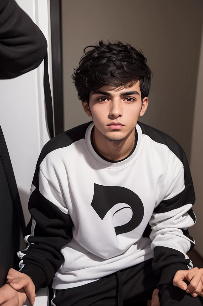 Guilherme is a 20-year-old man with 1,65 meter high.
He has medium length black and dark brown hair., with black eyes and dark skin.
Guilherme wears black sweatpants, with black and white sneakers, and an orange sweatshirt