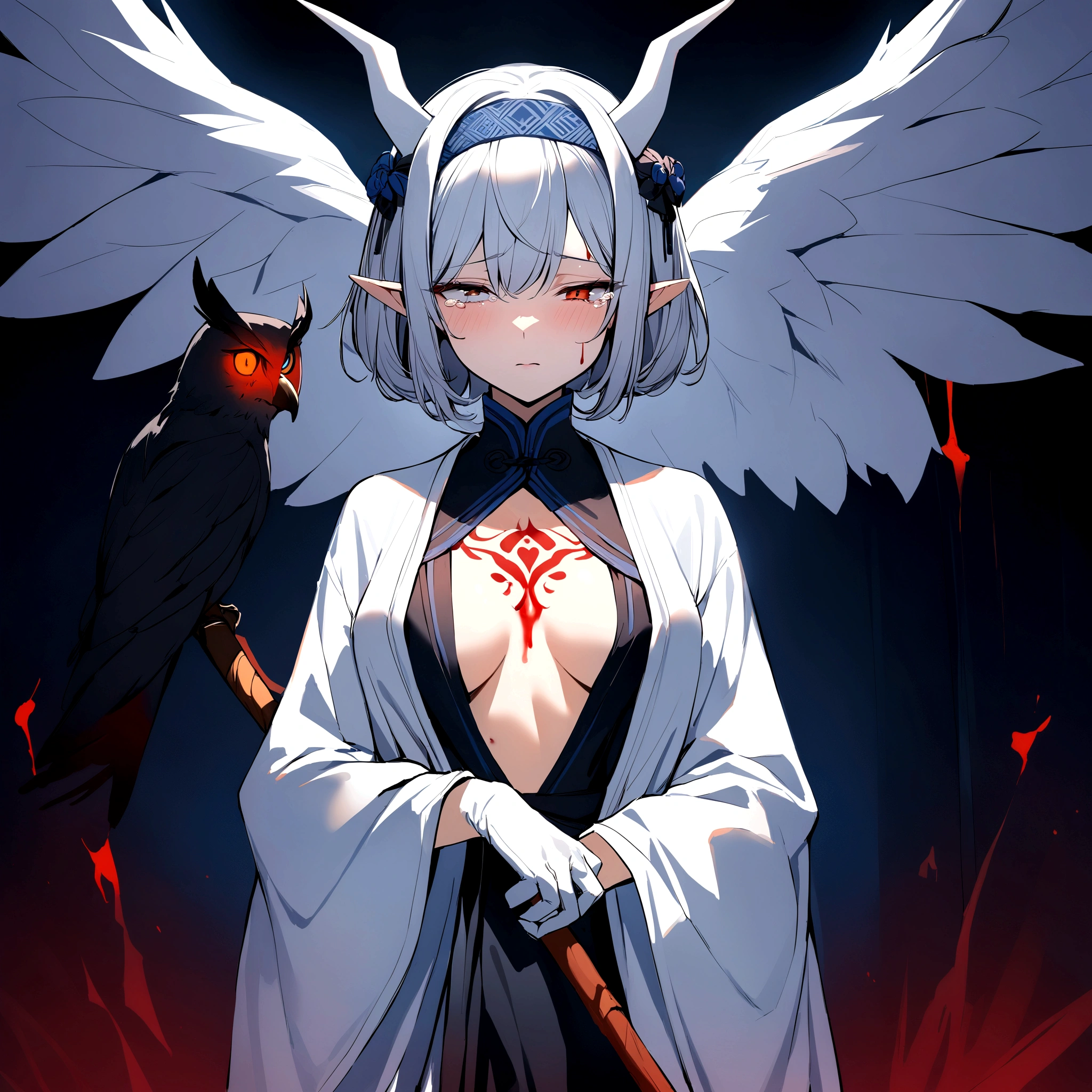 Masterpiece, 4k, high quality, 1 girl,white short hair, white horns,sad depressed expression,blue patterned monk robe, white gloves, magic staff,elf ears, right eye orange left eye blue,tears of blood from her eyes, in the night, in front of a great owl, Chinese neck tattoos, hole in chest dripping blood, tore garment, black blue patterned head band 