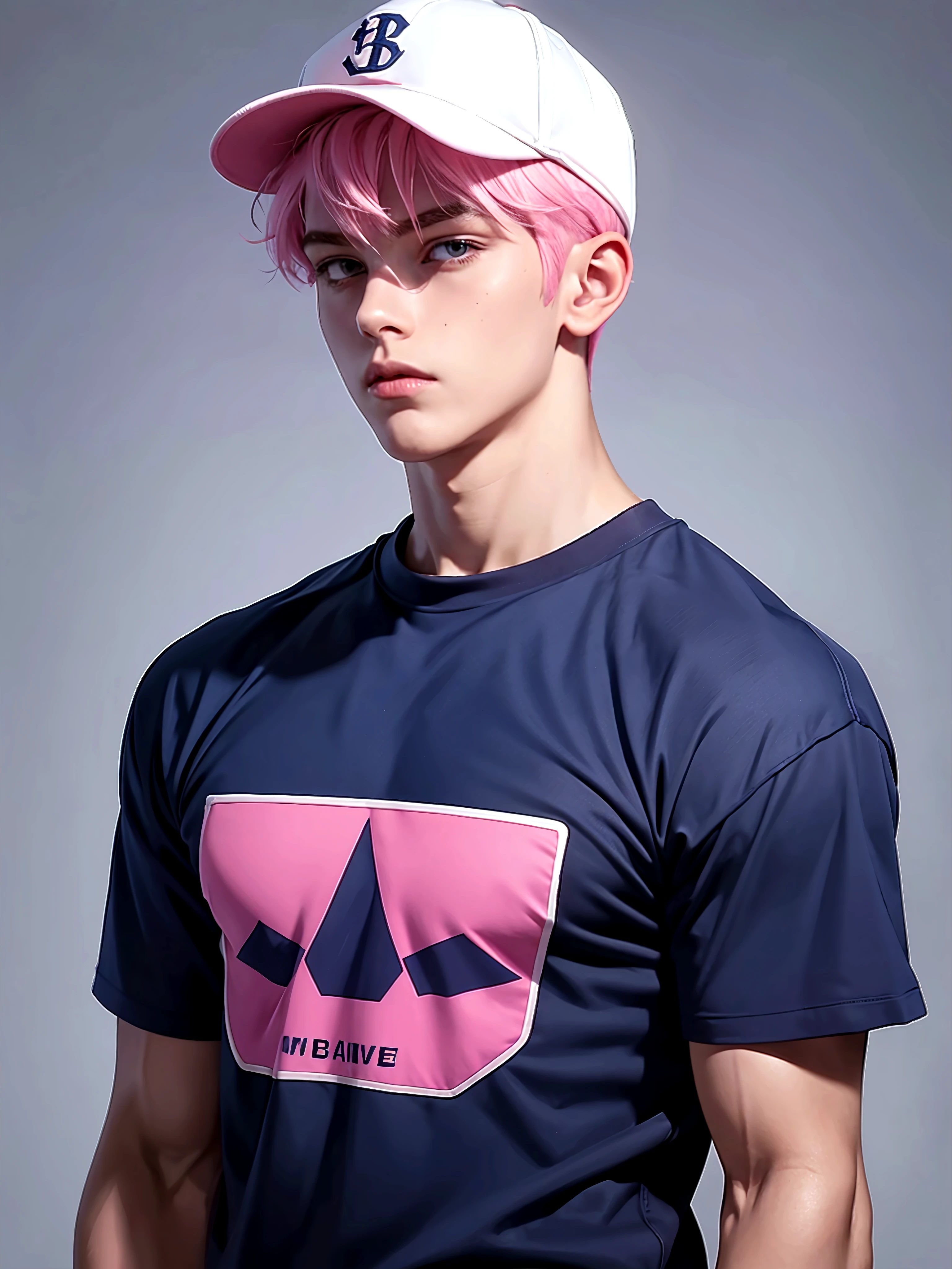Pink Hair、Has bangs、Navy blue baseball cap、Navy blue jersey、Broad shoulders、Short Hair、Pink eyebrows、White skin、Muscular、Tall、Big Hands、male、Bad look in the eyes、20th Generation