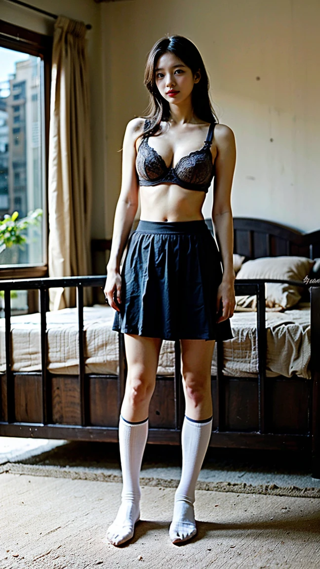 (8K、RAW Photos、Highest quality、masterpiece:1.2)、(Realistic、Realistic)、1 Girl、((bra、high socks、Shortcuts、Bedroom、Big Breasts、bed、Standing still、))、