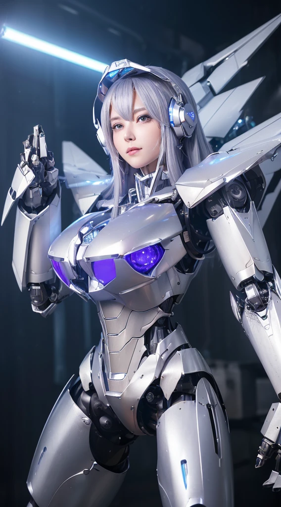 ((Intense action pose:1.6))、((Shining lenses on both breasts:1.3))、((Blue pillars of light are emanating from both chests.:1.3))、smile、((8K)), ((32k)), ((Highest quality)), ((masterpiece)), ((超A high resolution)), ((Tmasterpiece)), ((Halation:1.4))、((Mechaニカルheadgear:1.2))、((Cyber headphones:1.3))、Fine skin, High quality fabric, Fine metal texture、((Beautiful and dense face))、RAW Photos、Professional, Ultra-fine painting, ((alone)), Beautiful breasts、Highest quality, Very detailed, Very detailed詳細, Finer details, so beautiful, ((Princess Knight Robot:1.2)),  (Joints of machines, Mechanical Limbs:1.3), (The internal structure of the machine is exposed:1.3), (Long silver hair:1.1), (Beautiful and huge mechanical breasts)、White Veil, cowboy_shot, Side Focus, headgear, Shiny、(Five Fingers, Four fingers and thumb),Concept Art, Anime fantasy artwork, Detailed fantasy art, (with pale blue-violet hair and large white wings,,,,,,,), (((Long silver hair))), (Mecha:1.6)、Sleek and intimidating design, ((Commander-in-Chief&#39;arm)), (Perfect robot body)、純白と青紫armまたは, Symmetrical wings, 8K high quality, detailed art, 3D rendering of character art in 8K, neat legs, Defined, Defined fingers,