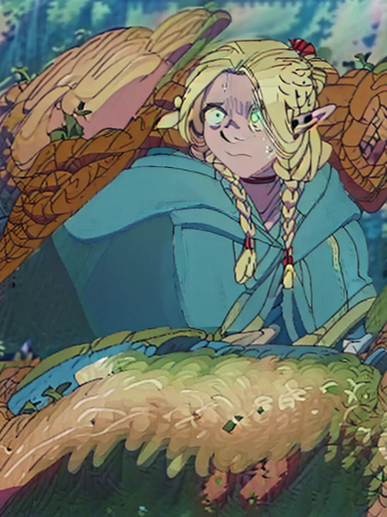 Androgynous elf, blonde, short hair, orange eyes, smirk, sorcerer, aventurer clothes, full body, Dungeon Meshi artstyle. Laios Touden.