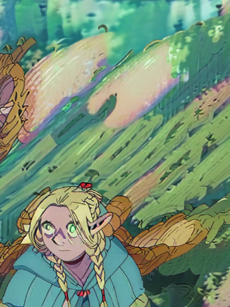 Androgynous elf, blonde, short hair, orange eyes, smirk, sorcerer, aventurer clothes, full body, Dungeon Meshi artstyle. Laios Touden.
