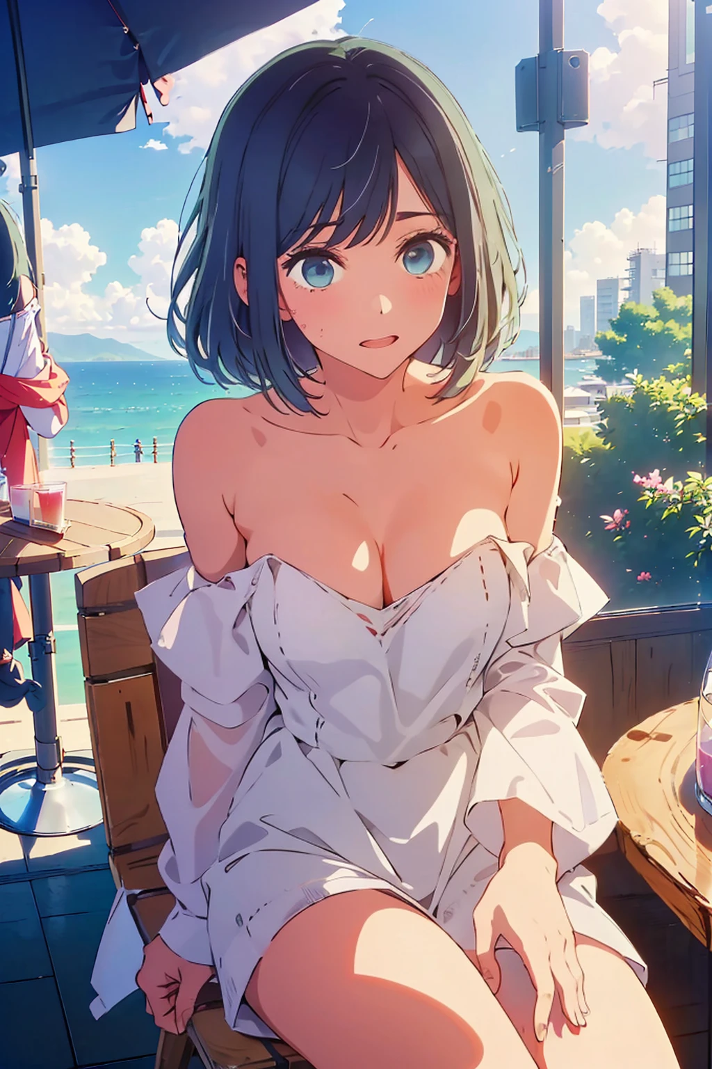 (Highest quality:1.4、8K:1.4、detailed)、F cup bust、Big Breasts、Slim body、Very white beautiful skin、((((1 person、Surprised expression、sit、Chair、In the background are the urban buildings of Tokyo、looking at the camera、Outdoor café terrace、coastal、Navy hair color、juice、Shooting up close、table、Very cute face))))、(Pose of putting hair behind ears with hands:1.4）、((((Off the shoulder、nude、Areola))))、Very blue sky、A completely cloudless sky