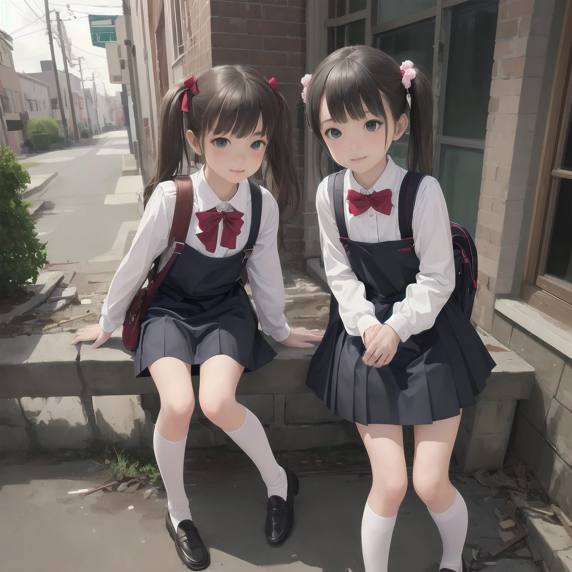 One girl,Highest quality,Super detailed,High resolution,(photoRealistic, Realistic, photo-Realistic:1.2),(9,Flat Chest),bangs,(smile:0.3),,shigure ui (virtual),Dilapidated,,Backpack,bag,bangs,Black Dress,Black footwear,blush,Pompom hair ornament,Collared shirt,Green Eyes,Knee-high,Light brown hair,loafers,Long sleeve,Apron dress,Pleated dress,school bag,Red Bow,,Sleeveless dress,Twin tails,White legwear,White shirt,anime
