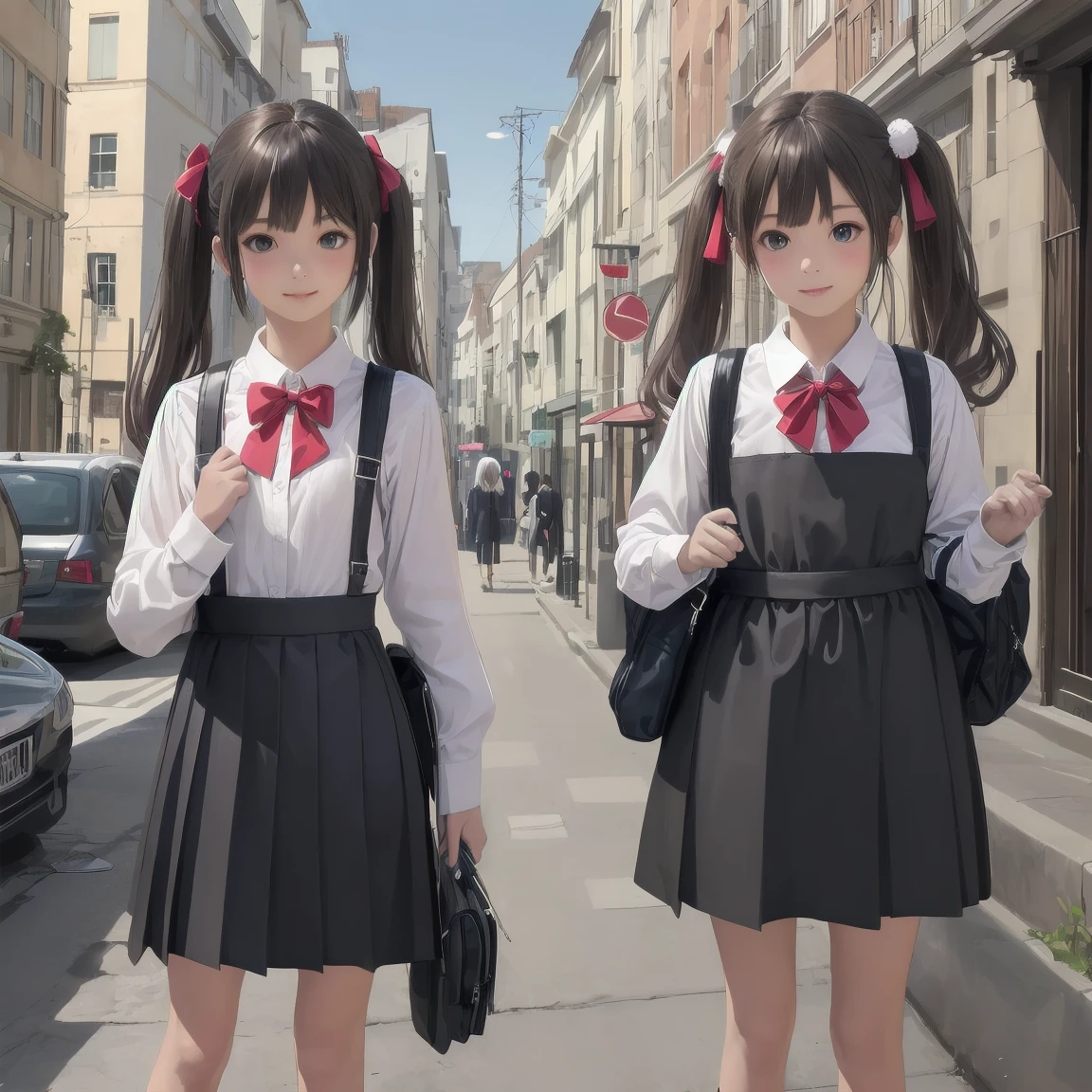 One girl,Highest quality,Super detailed,High resolution,(photoRealistic, Realistic, photo-Realistic:1.2),(9,Flat Chest),bangs,(smile:0.3),,shigure ui (virtual),Dilapidated,,Backpack,bag,bangs,Black Dress,Black footwear,blush,Pompom hair ornament,Collared shirt,Green Eyes,Knee-high,Light brown hair,loafers,Long sleeve,Apron dress,Pleated dress,school bag,Red Bow,,Sleeveless dress,Twin tails,White legwear,White shirt,anime