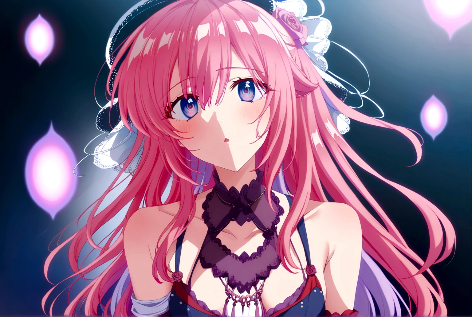 Anime girl whose about 11 years old, long albino hair paired with red eyes, pretty, wearing a red dress with white and red roses as its pattern.