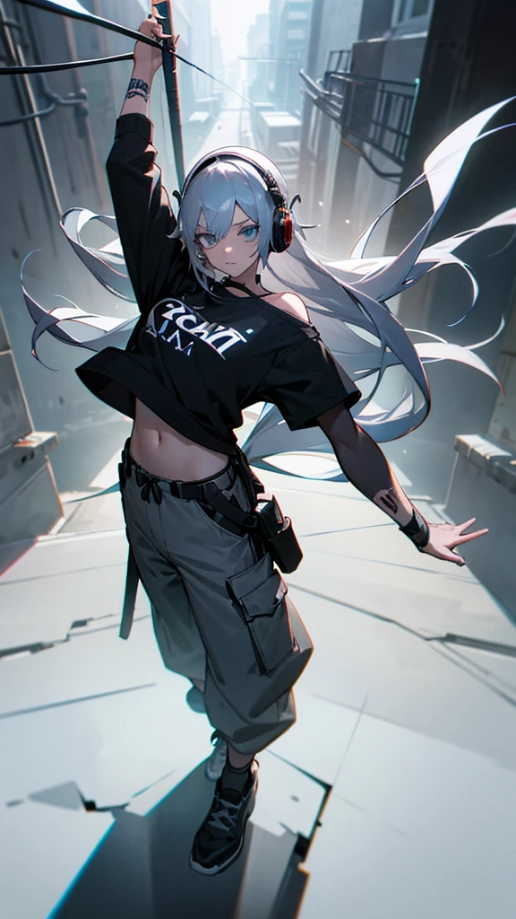 “Create a high-resolution image of a character with long silver hair wearing a cap. The character’s hair is tied and falling down from the back of the cap. They are dressed in an off-shoulder black shirt with the word ‘ROCK’ in white letters on the chest. The character has tattoos on their arm and is wearing loose-fitting gray cargo pants. They are also wearing headphones. The background is a dimly lit alleyway.”