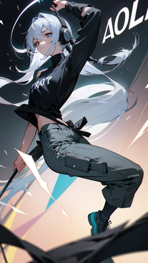 
“Create a high-resolution image of a character with long silver hair wearing a cap. The character’s hair is tied and falling down from the back of the cap. They are dressed in an off-shoulder black shirt with the word ‘ROCK’ in white letters on the chest. The character has tattoos on their arm and is wearing loose-fitting gray cargo pants. They are also wearing headphones. The background is a dimly lit alleyway.”

