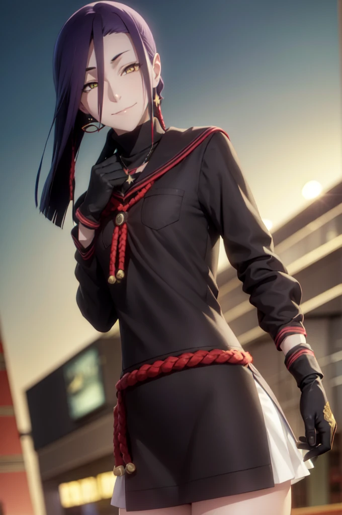 maganechikujouin, magane chikujouin, long hair, purple hair, braid, single braid, (hair over one eye:1.5), (yellow eyes:1.3), smile, grin,
BREAK skirt, thighhighs, gloves, jewelry, , earrings, serafuku, black gloves, black thighhighs, necklace, zettai ryouiki,
BREAK outdoor, city, night, sky, buildings, moon, clouds,
BREAK looking at viewer, (cowboy shot:1.5),
BREAK (masterpiece:1.2), best quality, high resolution, unity 8k wallpaper, (illustration:0.8), (beautiful detailed eyes:1.6), extremely detailed face, perfect lighting, extremely detailed CG, (perfect hands, perfect anatomy),