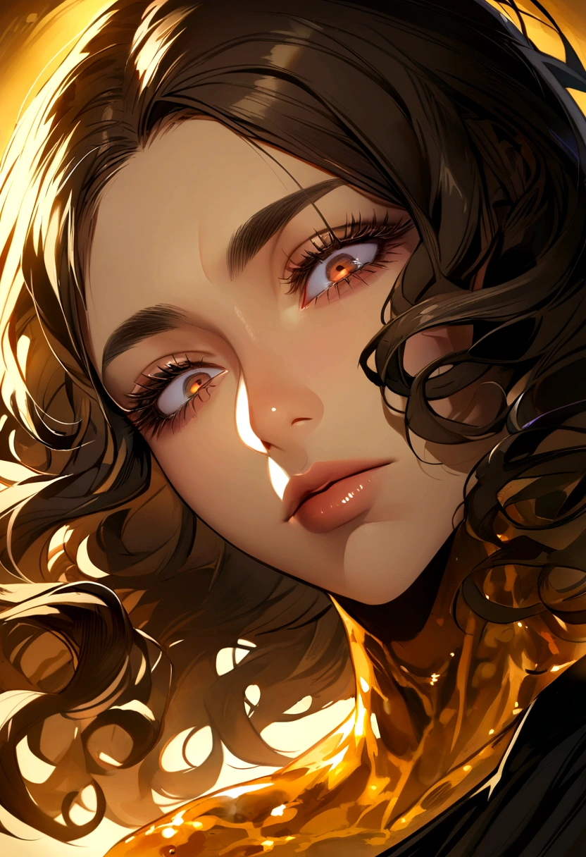 tall black man, deep, slanted eyes, glare, with dark circles and hair with black curls, very well defined jaw and cheekbones with a girl with long dark blonde curls, honey colored eyes and pretty eyelashes, defined nose and medium lips lower than the