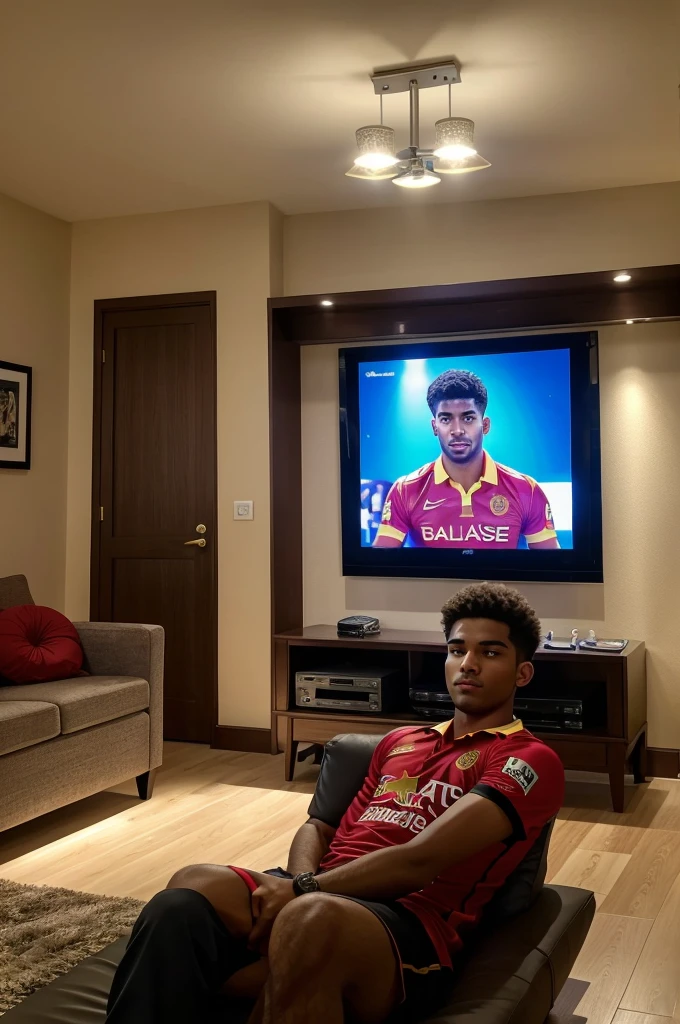 RCB Team Prompt In a spacious, tastefully decorated living room, a lifelike scene unfolds. A young man, approximately 15 years old, engrossed in an IPL match, sits before a grand LED TV. He proudly sports a vibrant RCB Team jersey on which name "haris" and the number "CB" emblazoned boldly. The natural lighting cascades through the room, illuminating every detail, while the LED TV screen displays the match in all its glory, captivating the viewer's
attention.