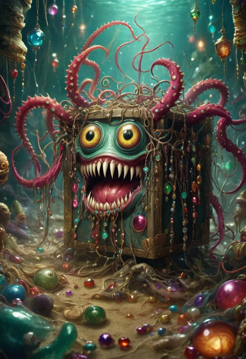 dark,fear,Strange box monster full of jewels - one eye - sharp teeth - ugly,Long tentacles,Scattered jewelry,greedy