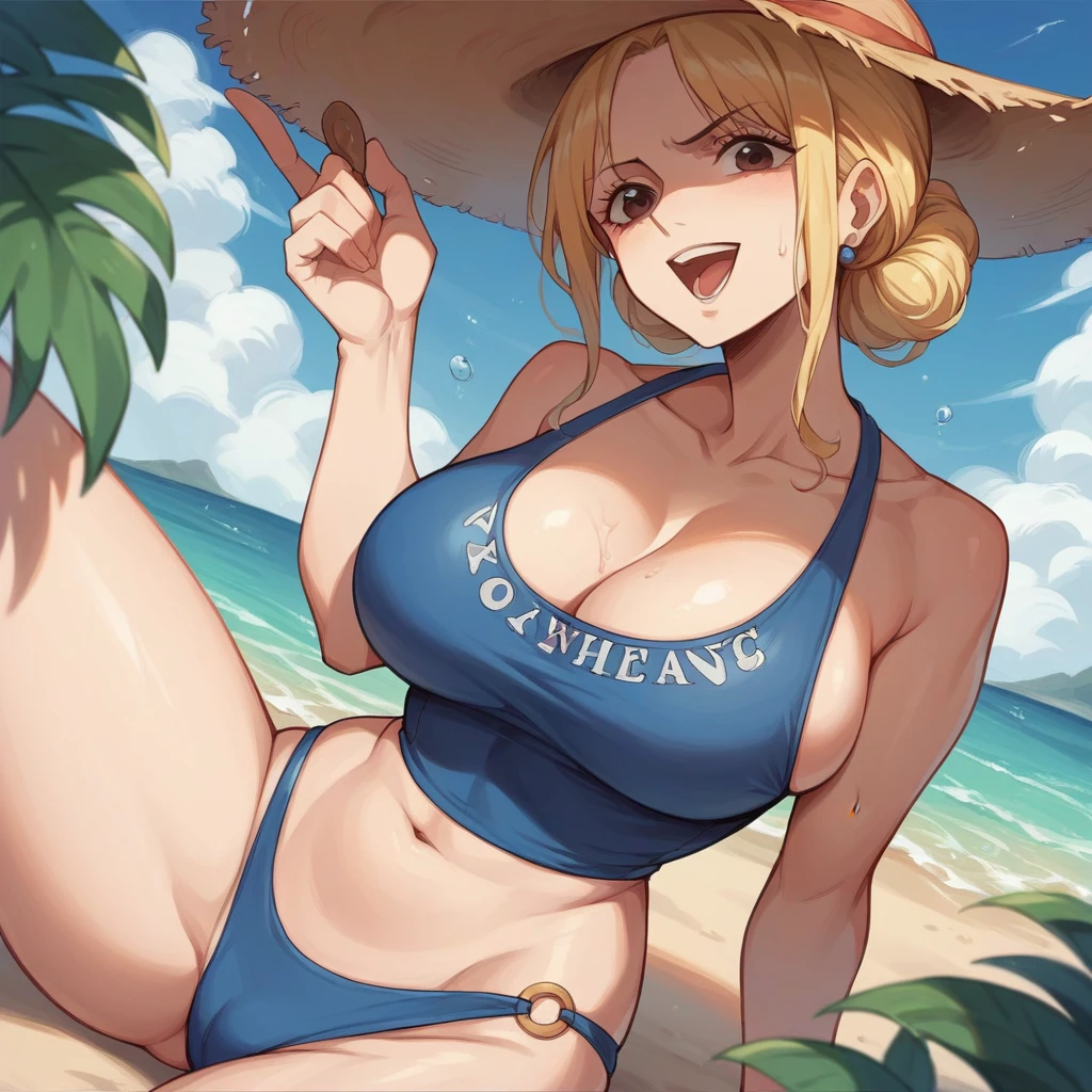 「Blonde woman、Blue one piece swimsuit、Large Breasts、picking up shells on the beach、Sea and sky in the background」