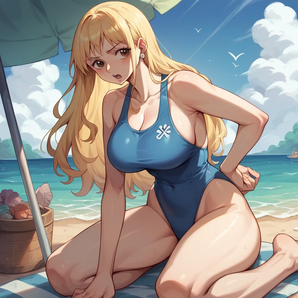 「Blonde woman、Blue one piece swimsuit、Large Breasts、picking up shells on the beach、Sea and sky in the background」