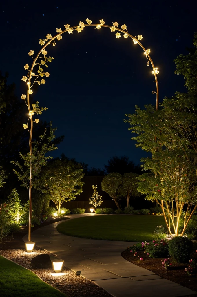 A sculpture in the shape of a rose branch with lighting for garden 