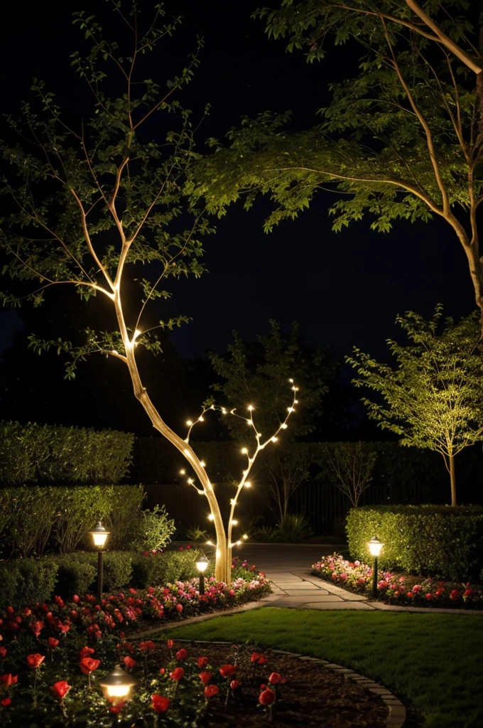 A sculpture in the shape of a rose branch with lighting for garden