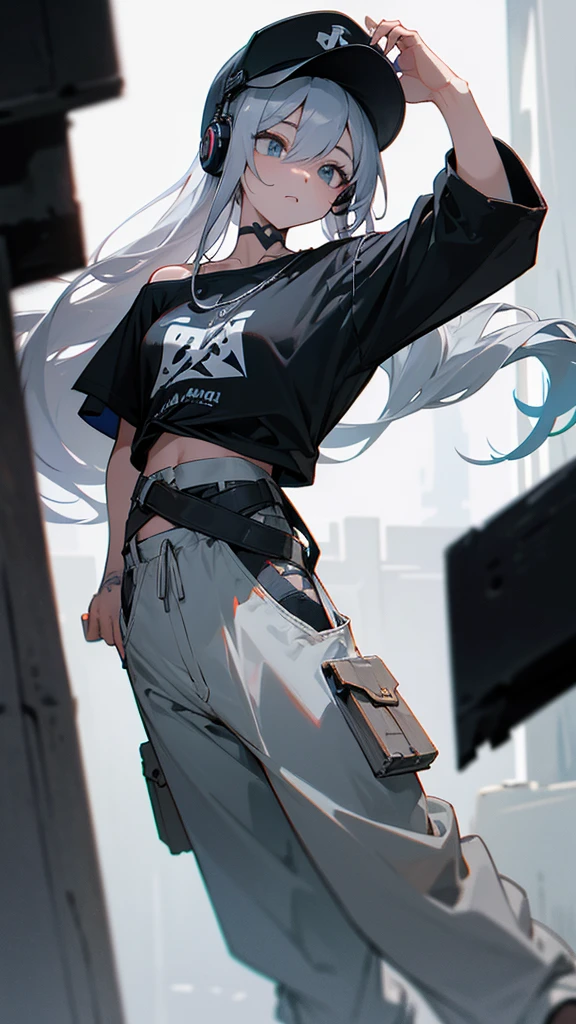 “Create a high-resolution image of a character with long silver hair wearing a cap. The character’s hair is tied and falling down from the back of the cap. They are dressed in an off-shoulder black shirt with the word ‘ROCK’ in white letters on the chest. The character has tattoos on their arm and is wearing loose-fitting gray cargo pants. They are also wearing headphones. The background is a dimly lit alleyway.”