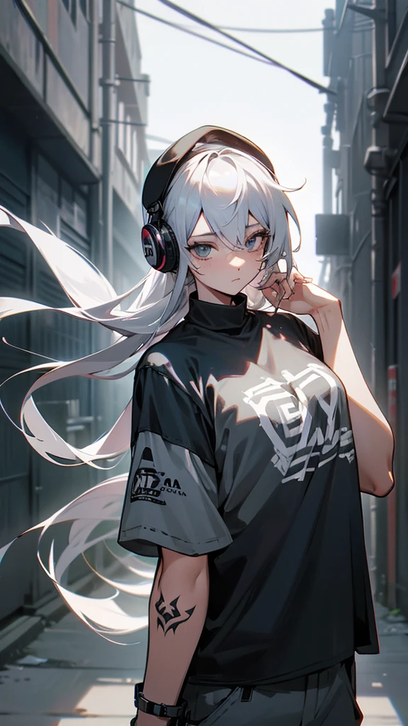 
“Create a high-resolution image of a character with long silver hair wearing a cap. The character’s hair is tied and falling down from the back of the cap. They are dressed in an off-shoulder black shirt with the word ‘ROCK’ in white letters on the chest. The character has tattoos on their arm and is wearing loose-fitting gray cargo pants. They are also wearing headphones. The background is a dimly lit alleyway.”

