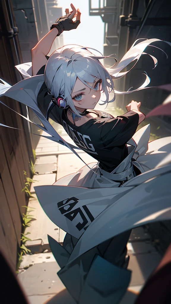 “Create a high-resolution image of a character with long silver hair wearing a cap. The character’s hair is tied and falling down from the back of the cap. They are dressed in an off-shoulder black shirt with the word ‘ROCK’ in white letters on the chest. The character has tattoos on their arm and is wearing loose-fitting gray cargo pants. They are also wearing headphones. The background is a dimly lit alleyway.”