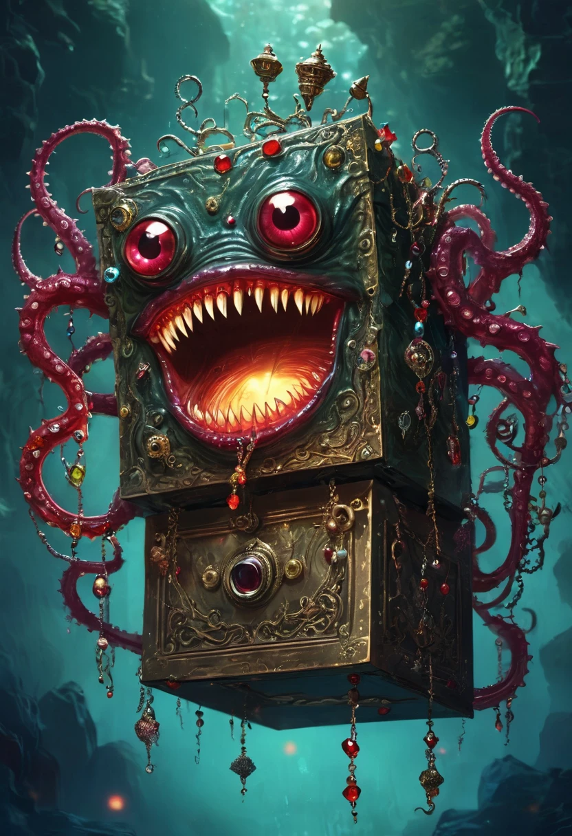 dark,fear,Strange box monster full of jewels - one eye - sharp teeth - ugly,Long tentacles,Scattered jewelry,greedy,Viscous liquid