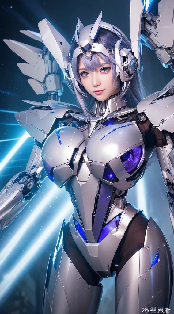 ((Intense action pose:1.6))、((Shining lenses on both breasts:1.3))、((Blue pillars of light are emanating from both chests.:1.3))、smile、((8K)), ((32k)), ((Highest quality)), ((masterpiece)), ((超A high resolution)), ((Tmasterpiece)), ((Halation:1.4))、((Mechaニカルheadgear:1.2))、((Cyber headphones:1.3))、Fine skin, High quality fabric, Fine metal texture、((Beautiful and dense face))、RAW Photos、Professional, Ultra-fine painting, ((alone)), Beautiful breasts、Highest quality, Very detailed, Very detailed詳細, Finer details, so beautiful, ((Princess Knight Robot:1.2)), (Joints of machines, Mechanical Limbs:1.3), (The internal structure of the machine is exposed:1.3), (Long silver hair:1.1), (Beautiful and huge mechanical breasts)、White Veil, cowboy_shot, Side Focus, headgear, Shiny、(Five Fingers, Four fingers and thumb),Concept Art, Anime fantasy artwork, Detailed fantasy art, (with pale blue-violet hair and large white wings,,,,,,,), (((Long silver hair))), (Mecha:1.6)、Sleek and intimidating design, ((Commander-in-Chief'arm)), (Perfect robot body)、純白と青紫armまたは, Symmetrical wings, 8K high quality, detailed art, 3D rendering of character art in 8K, neat legs, Defined, Defined fingers,