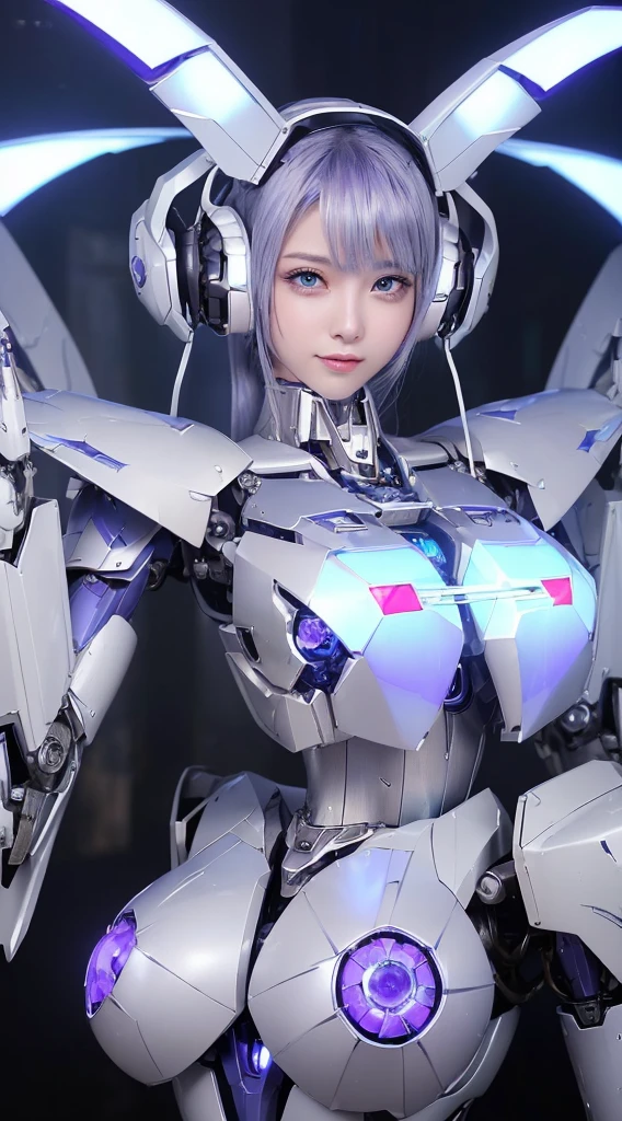 ((Intense action pose:1.6))、((Shining lenses on both breasts:1.3))、((Blue pillars of light are emanating from both chests.:1.3))、smile、((8K)), ((32k)), ((Highest quality)), ((masterpiece)), ((超A high resolution)), ((Tmasterpiece)), ((Halation:1.4))、((Mechaニカルheadgear:1.2))、((Cyber headphones:1.3))、Fine skin, High quality fabric, Fine metal texture、((Beautiful and dense face))、RAW Photos、Professional, Ultra-fine painting, ((alone)), Beautiful breasts、Highest quality, Very detailed, Very detailed詳細, Finer details, so beautiful, ((Princess Knight Robot:1.2)), (Joints of machines, Mechanical Limbs:1.3), (The internal structure of the machine is exposed:1.3), (Long silver hair:1.1), (Beautiful and huge mechanical breasts)、White Veil, cowboy_shot, Side Focus, headgear, Shiny、(Five Fingers, Four fingers and thumb),Concept Art, Anime fantasy artwork, Detailed fantasy art, (with pale blue-violet hair and large white wings,,,,,,,), (((Long silver hair))), (Mecha:1.6)、Sleek and intimidating design, ((Commander-in-Chief'arm)), (Perfect robot body)、純白と青紫armまたは, Symmetrical wings, 8K high quality, detailed art, 3D rendering of character art in 8K, neat legs, Defined, Defined fingers,