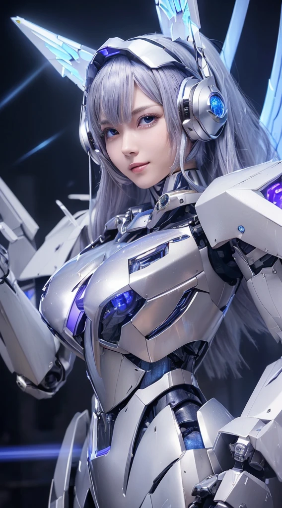 ((Intense action pose:1.6))、((Shining lenses on both breasts:1.3))、((Blue pillars of light are emanating from both chests.:1.3))、smile、((8K)), ((32k)), ((Highest quality)), ((masterpiece)), ((超A high resolution)), ((Tmasterpiece)), ((Halation:1.4))、((Mechaニカルheadgear:1.2))、((Cyber headphones:1.3))、Fine skin, High quality fabric, Fine metal texture、((Beautiful and dense face))、RAW Photos、Professional, Ultra-fine painting, ((alone)), Beautiful breasts、Highest quality, Very detailed, Very detailed詳細, Finer details, so beautiful, ((Princess Knight Robot:1.2)),  (Joints of machines, Mechanical Limbs:1.3), (The internal structure of the machine is :1.3), (Long silver hair:1.1), (Beautiful and huge mechanical breasts)、White Veil, cowboy_shot, Side Focus, headgear, Shiny、(Five Fingers, Four fingers and thumb),Concept Art, Anime fantasy artwork, Detailed fantasy art, (with pale blue-violet hair and large white wings,,,,,,,), (((Long silver hair))), (Mecha:1.6)、Sleek and intimidating design, ((Commander-in-Chief'arm)), (Perfect robot body)、純白と青紫armまたは, Symmetrical wings, 8K high quality, detailed art, 3D rendering of character art in 8K, neat legs, Defined, Defined fingers,