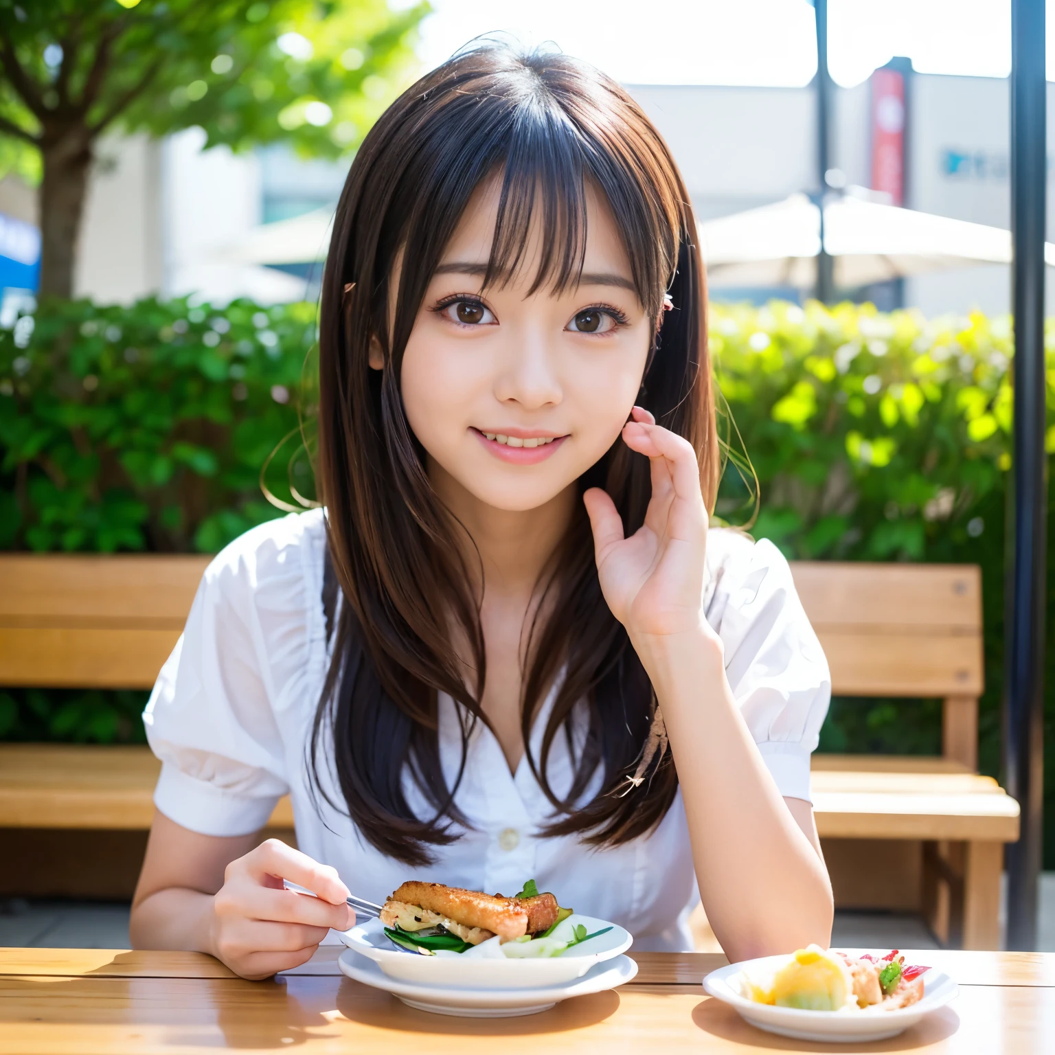 (Best-quality, Masterpiece, Ultra-High-Resolution, (Photorealistic:1.4), Raw Photo, depth of field, professional lighting, perfect anatomy, extremely details), 1girl, -yeld, thost famous Japanese idol, ((at outdoor terrace of Cafe, eating lunch)), looking at viewer, innocent smile, wearing summer-clothes with cute-design, ((extremely cute face like the most popular Japanese idol, ((extremely cute and extremely big eyes)), extremely realistic hair, extremely beautiful and extremely realistic skins)), extremely cute long-eyelashes, extremely cute lips, detailed lunch-box